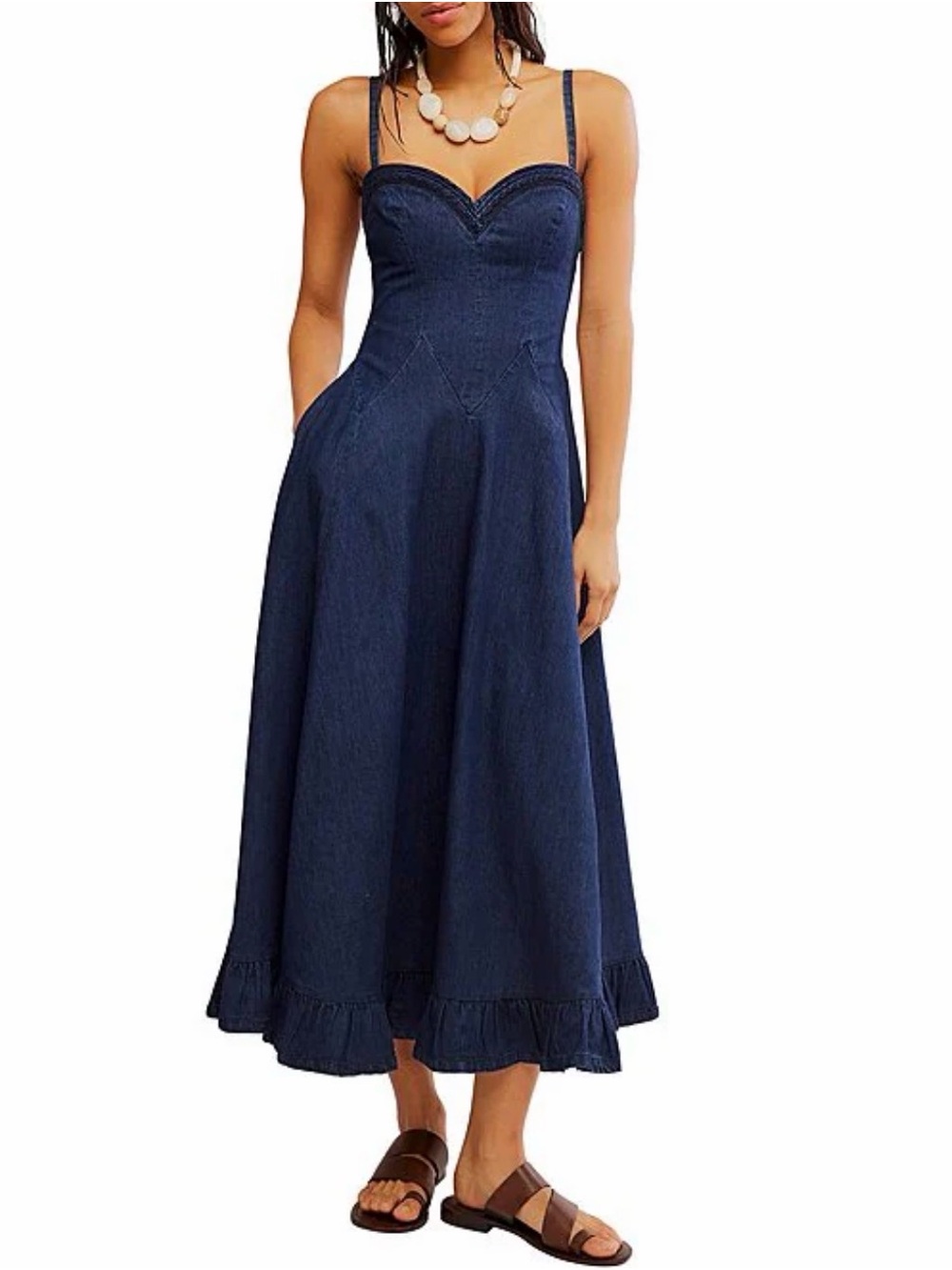 Free People Navy Blue Denim Midi Dress with Sweetheart Neckline